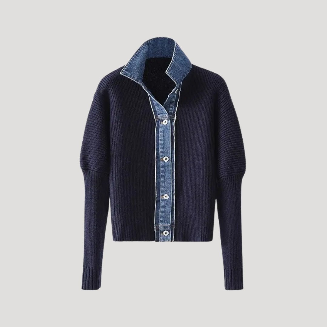 Cardigan en Tricot Marine avec Col en Jean pour Femmes - Vela Vici 🇫🇷