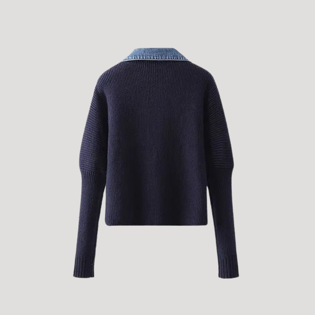 Cardigan en Tricot Marine avec Col en Jean pour Femmes - Vela Vici 🇫🇷